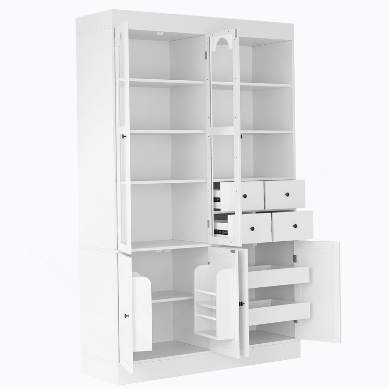 Armoire décorative, buffet autoportant, garde-manger avec tiroirs, tablettes et plateaux coulissants, Blanc