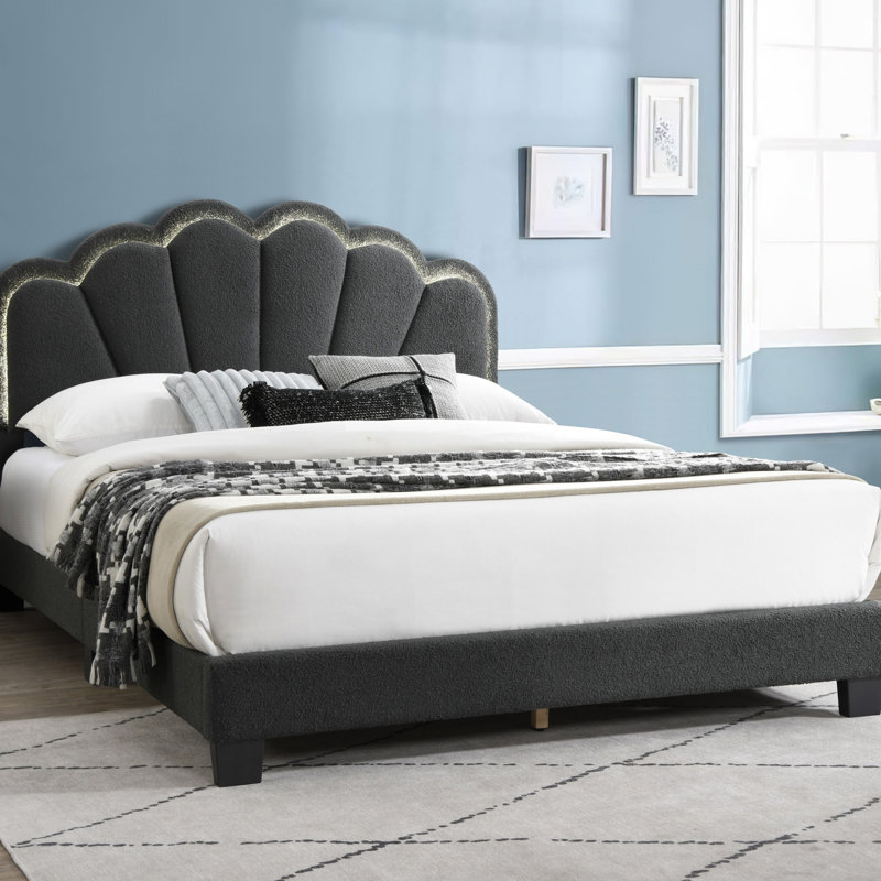 1Pc Queen Size Bed Wool Fabric Floral Design Headboard W LED Fully Upholstered Platform Bedframe, Charcoal