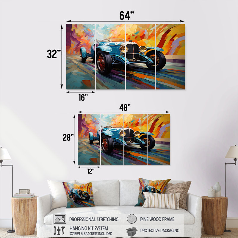 Bleu et jaune, course rétro II, H 32 po x l 64 po