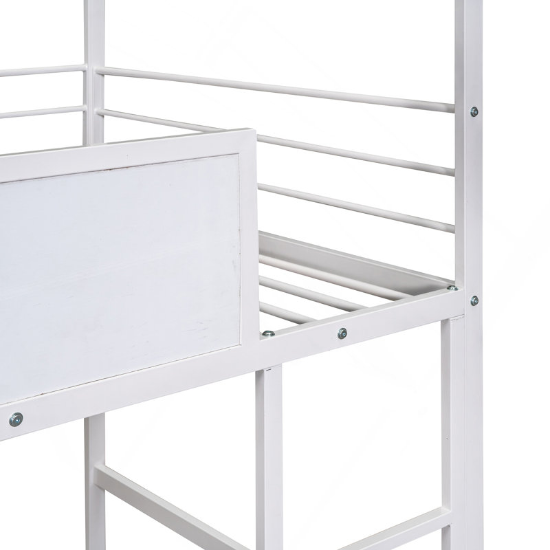 Lit mezzanine en métal avec glissade, lit simple en métal avec planche d'écriture en bois à deux côtés (blanc), Blanc