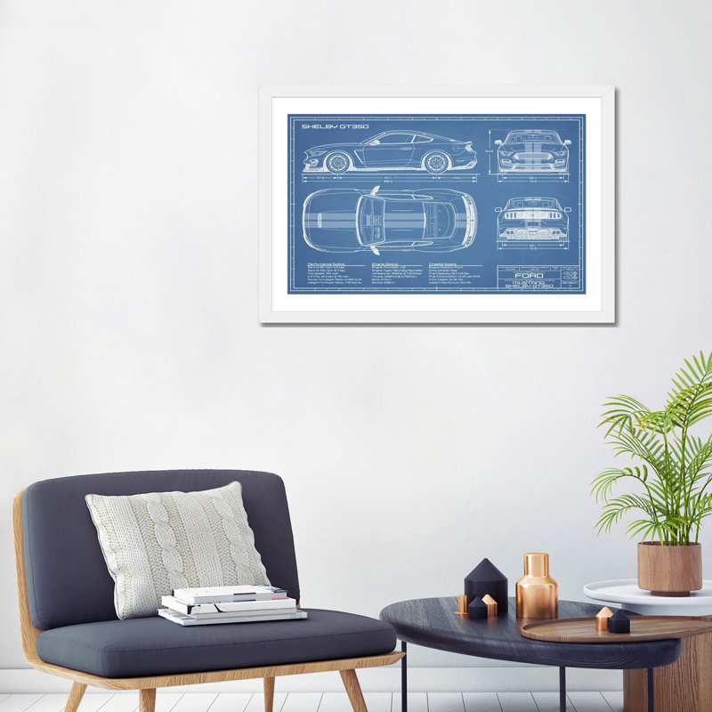 GT350 Shelby (2015-2019) Blueprint-impression de dessin, H 24 po x l 32 po x P 1 po, Papier encadré blanc, Blanc
