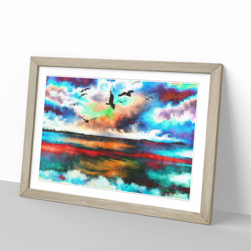 Birds over a Colourful Ocean - Picture Frame Painting, Oak Framed, 48cm H x 65cm W x 2cm D