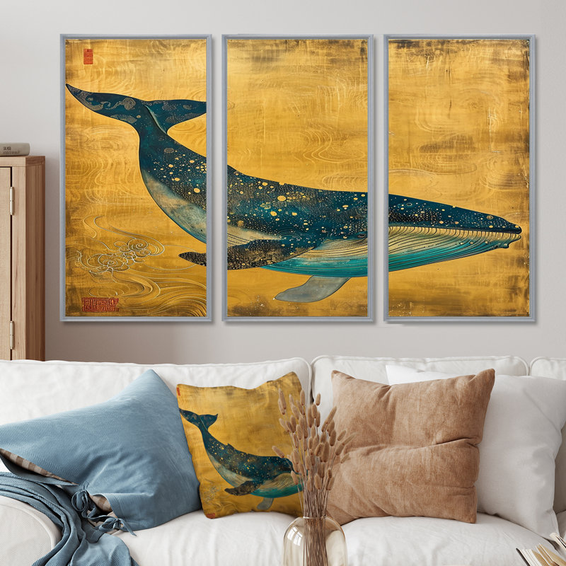 Amyerra - Whale Animal Wall Art Set, Silver Floater Framed, 28" H x 36" W x 1" D