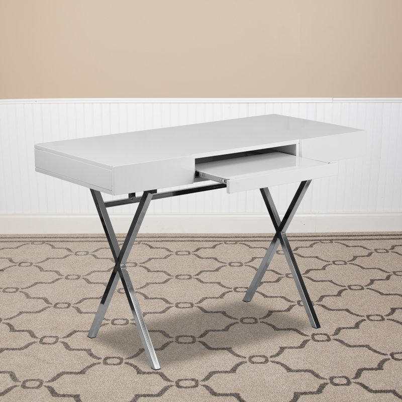 Sleek White 44.25'' Computer Desk with Chrome X-Trestle Base and Keyboard Tray