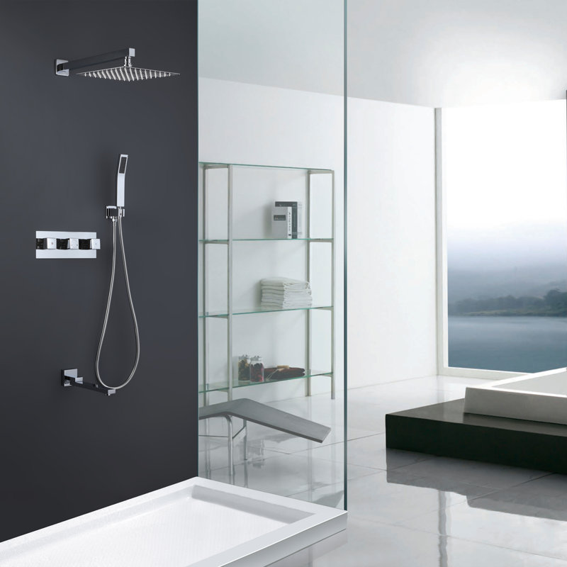 Système de douche complet à contrôle de température à 3 fonctions avec valve brute, Chrome poli