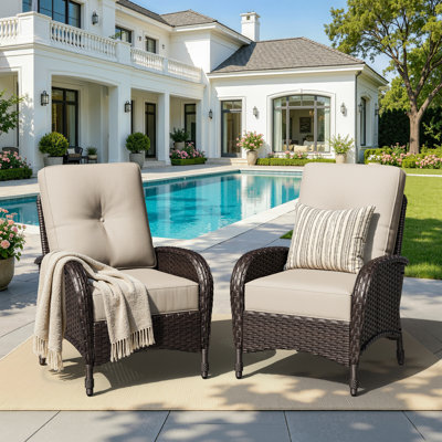 Set of 2 All-Weather Wicker Patio Arm Chairs with Tufted Cushions, Fade & Rust Resistant