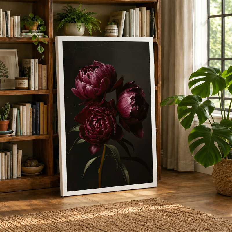 Burgundy Peonies Botanical - Wrapped Canvas, 36x24 - 91.4 x 61.0 cm, White Border