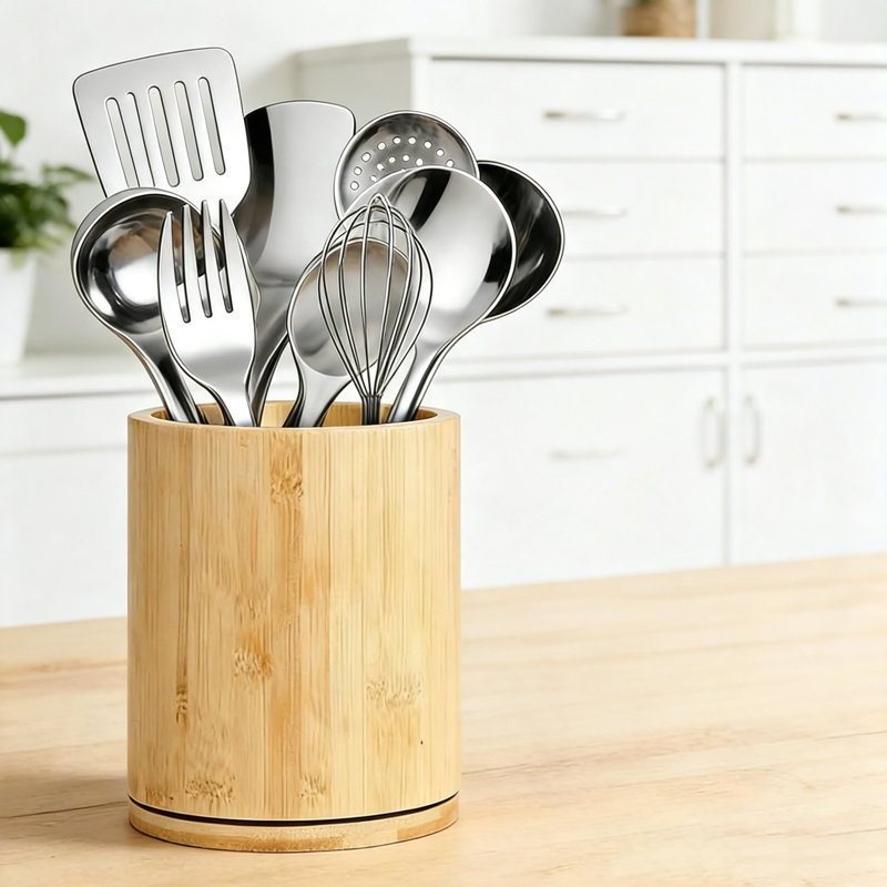Wooden Kitchen Utensil Holder, Rotating Circle Cooking Spoon Holder, 19 x 15 x 15 cm (Wood Colour)