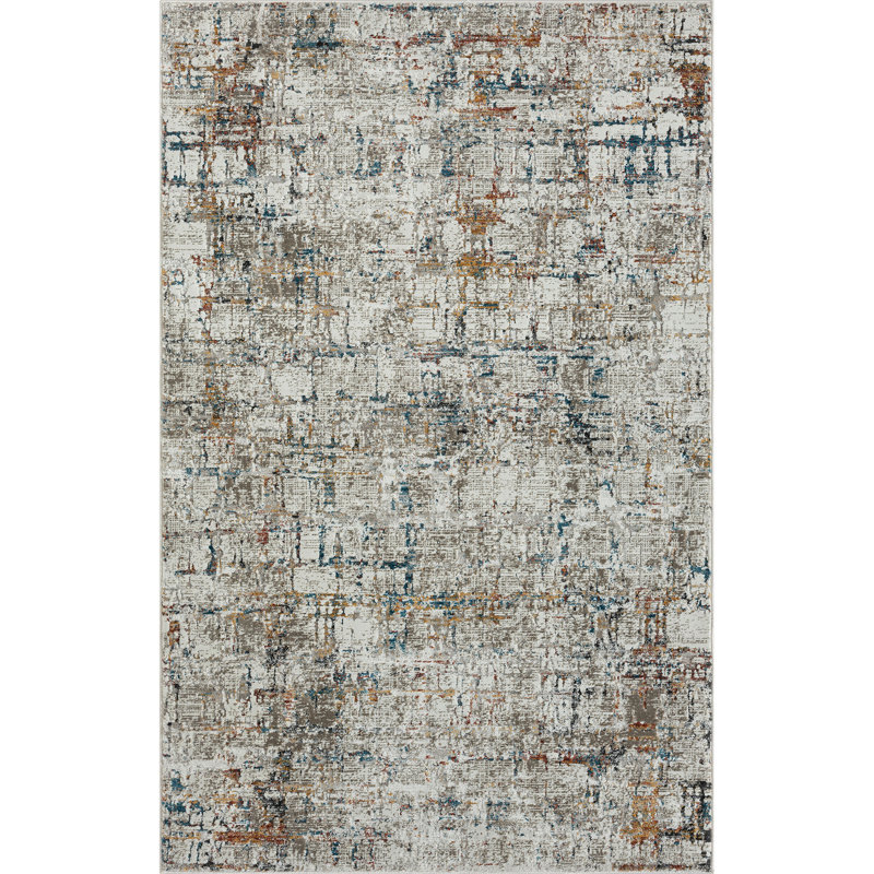 Tapis abstrait en polyester / polypropylène tissé à la machine Tuya en gris / ivoire / bleu, Rectangulaire 2 pi x 3 pi