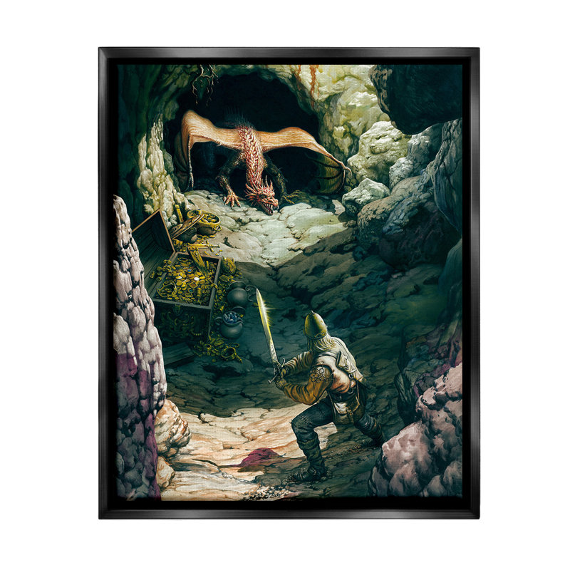 Dragon et chevalier, art mural flottant noir encadré par Ciruelo, Cadre flottant noir de jais, H 31 po x l 25 po
