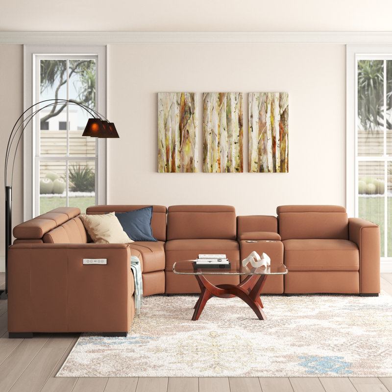 Canapé modulaire inclinable réversible en cuir véritable de 138 po Graddy, Cuir véritable caramel