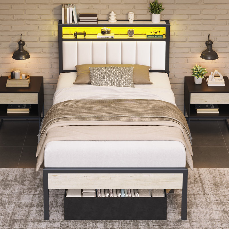 Tryston Twin Bed Frame With Led Lights & Storage Drawer, White, Twin, White