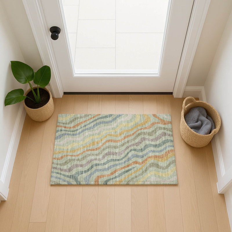 Machine Washable Indoor/Outdoor Chantille ACN2570 Abstract Rug, 1'8" x 2'6", Celery