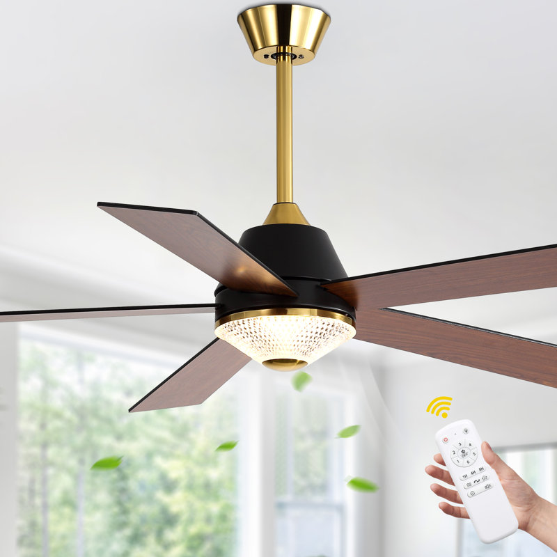 52" 5-Blade Reversible Ceiling Fan With Light And Remote Control, 6-Speed Settings, Quiet DC Motor, Black/Gold