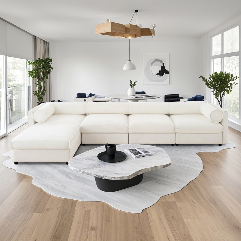 Canapé modulaire 4 places avec rangement et repose-pieds, Chenille blanche