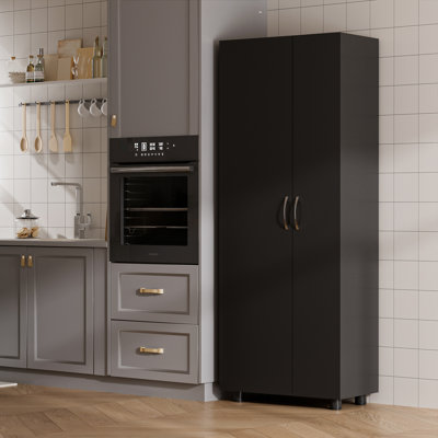 74.3" Tall Storage Cabinet with Broom Closet & 5-Tier Shelves, Freestanding Utility Cupboard for Pantry, Laundry, or Garage, Adjustable Shelving & Leveling Feet, Black Finish
