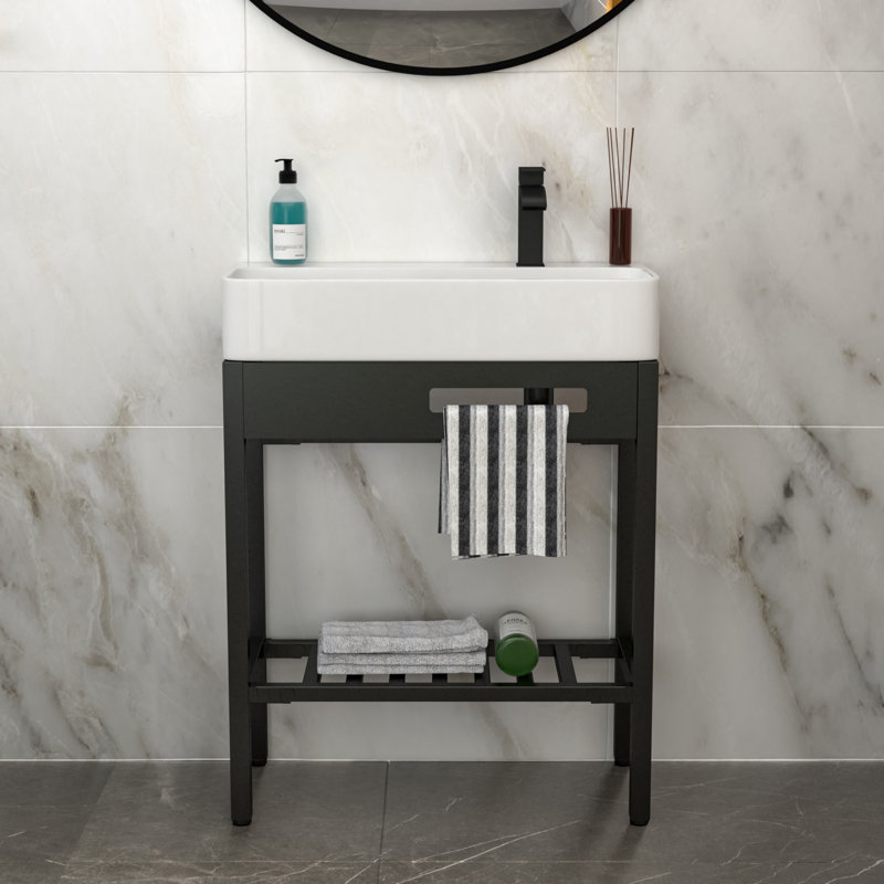 Lavabo console en céramique d'inspiration rétro 28 po x 12 po avec planche à laver intégrée, trop-plein et pieds noirs élégants