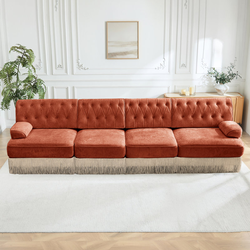 Velours doux 135 po 4, brun rouge, bouton, jupe à pampille, modulaire, base en bois, mousse haute résilience