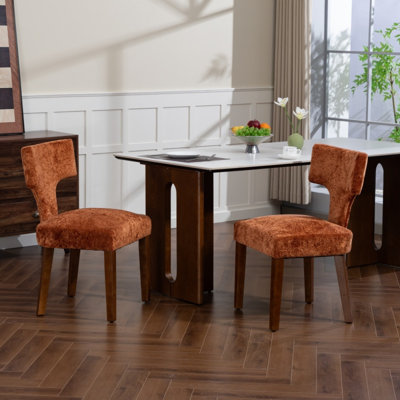 Ensemble de 2 chaises de salle à manger de style Mid-Century moderne, chaise d'appoint rembourrée en tissu de lin campagne, chaises de cuisine avec structure en bois franc, orange