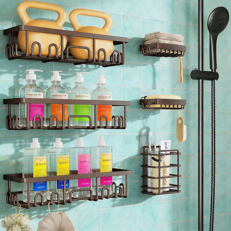 6-Pack No Drilling Adhesive Shower Caddy With Soap Holder, Rustproof & Waterproof, Wall-Mounted, Polished Brass, 3