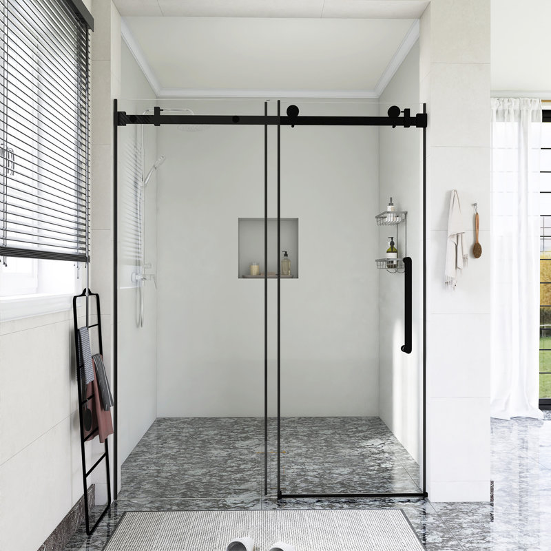 60 In. W X 76 In. H Single Sliding Shower Door, Matte Black