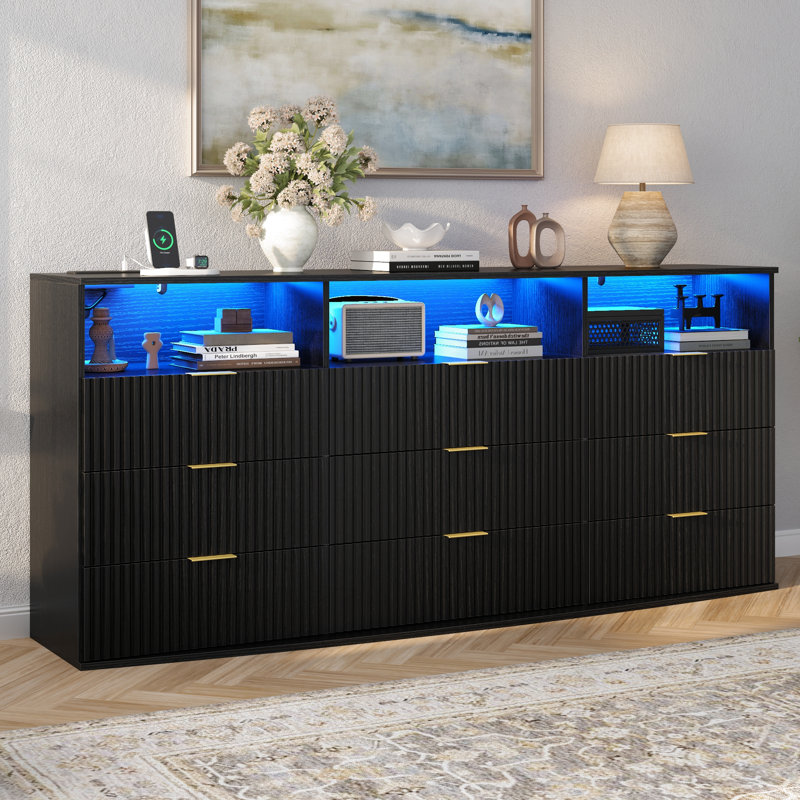Fluted 9 Drawer Black Dresser With Led Lights, Charging Station & 3 Open Cubby, Modern Double Dresser  For Bedroom, Living Room