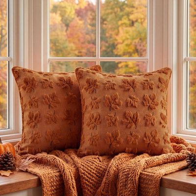 Fall Throw Pillow Covers 20x20 Set of 2 Rust Orange Plush Maple Leaf
