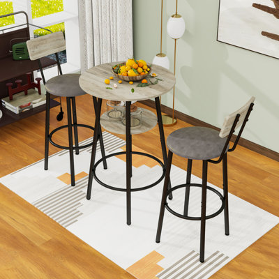 3-Piece Rustic Round Bar Stool Set with Table, Shelf and 2 Backrest Stool