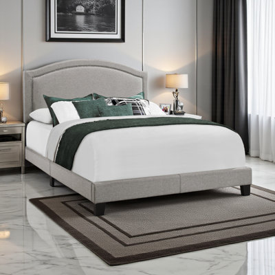 Shepton Transitional Upholstered Bed Gray Linen Look Chrome Trim, 51.39'' H X 64.21'' W X 85.58'' L
