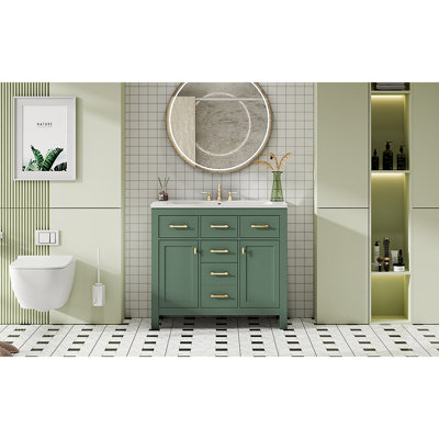 Ensemble de meuble-lavabo 36 po avec lavabo en céramique, meuble-lavabo simple autoportant moderne à 4 tiroirs et 2 armoires, meuble de rangement pour la salle de bain, ensemble de meuble-lavabo à cadre en bois massif