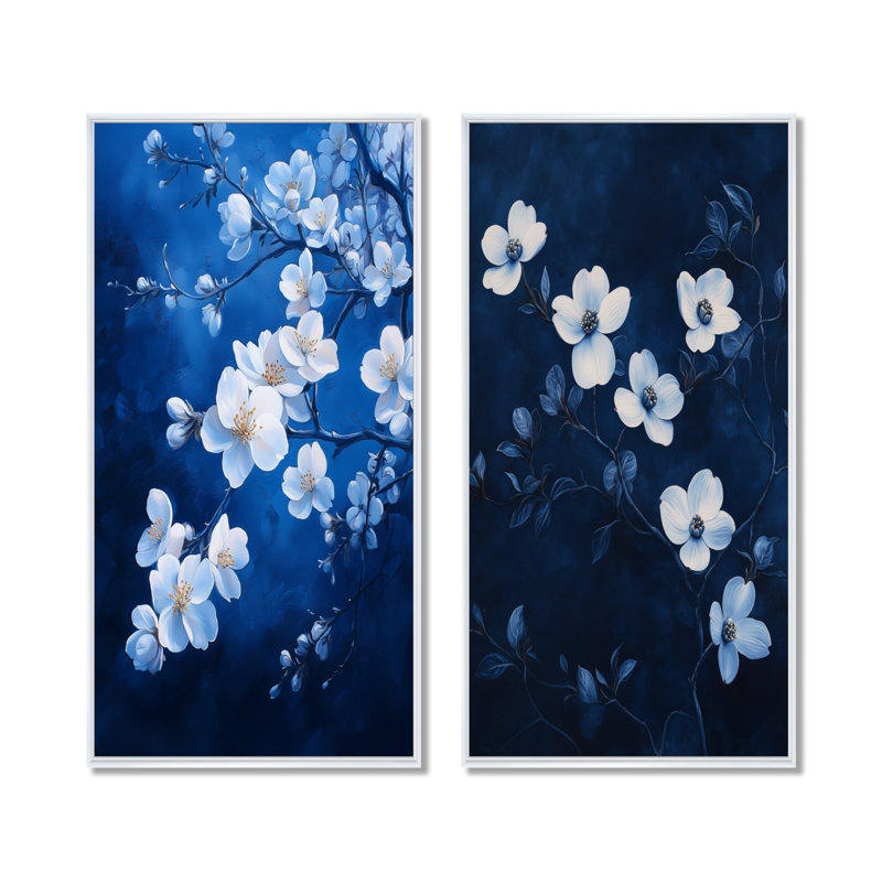 Verger de fleurs de pommiers indigo Nuit IV - Décoration murale 2 pièces Fleurs de cerisier, 32" H x 32" W