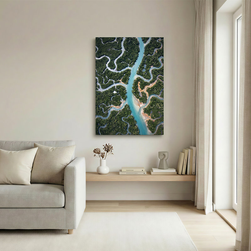 «Winding Turquoise River Through Green Forest», art mural sur toile, H 18 po x l 12 po