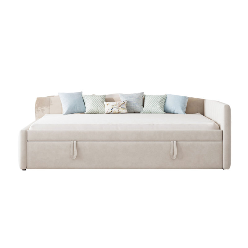 Full-size Upholstered Daybed With Shelves And Slats, Beige