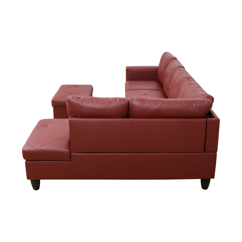 Ensemble de canapé modulaire en similicuir 3 pièces avec repose-pieds rouge, Accoudoir à droite (vu de face), Noir