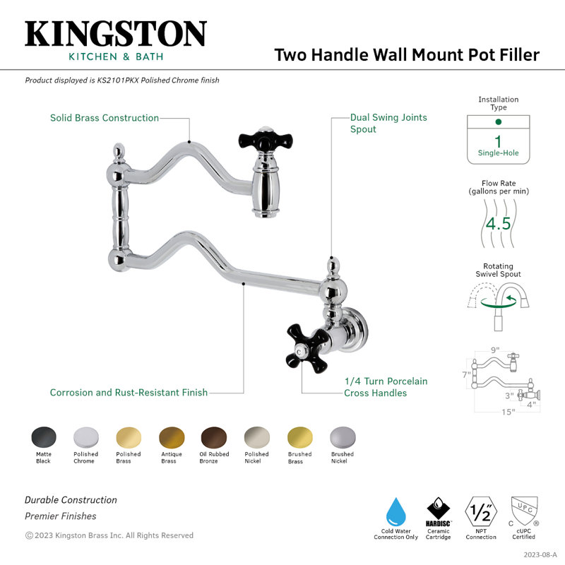 Kingston Brass Duchess Two-Handle 1-Hole Wall Mount Pot Filler Faucet, Polished Chrome