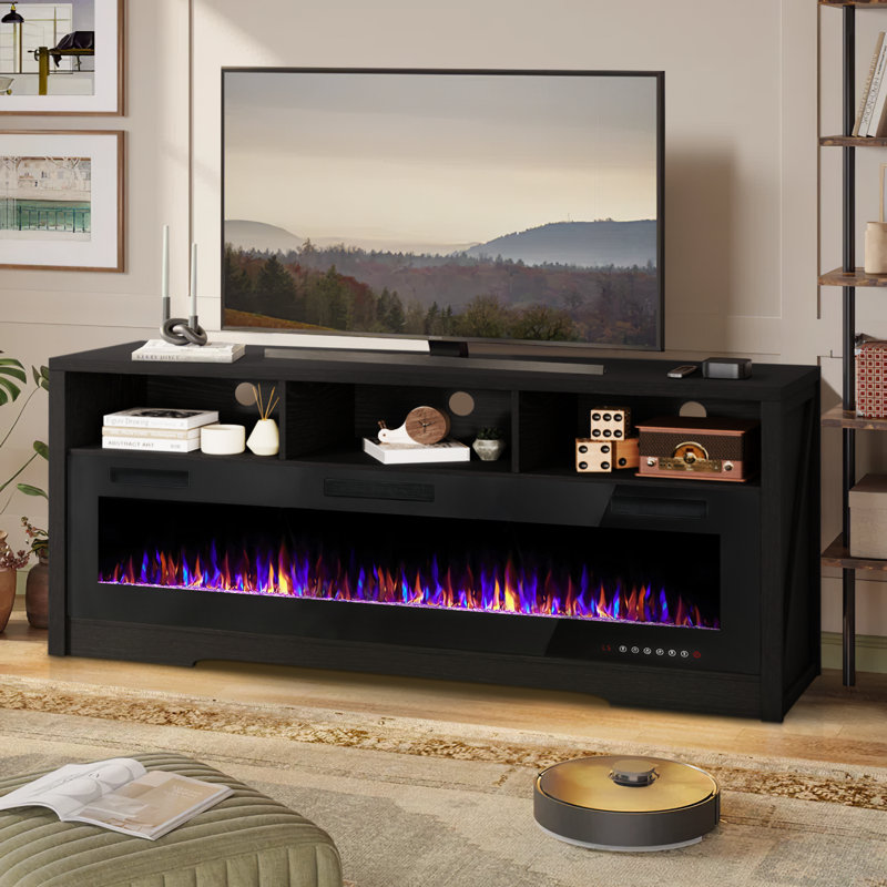 Alazik Storage Credenza with Electric Fireplace Included, Black