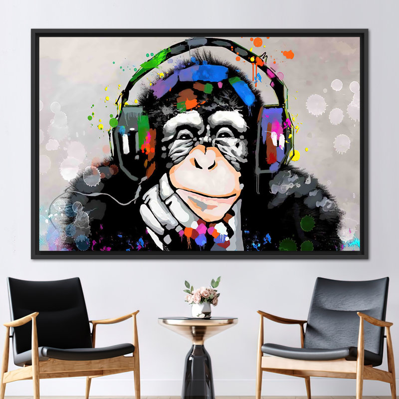 Abstract DJ Monkey Canvas Art: Trendy Music Lover's Wall Decor Featuring a Thinking Monkey, Black, Framed Print without Mat