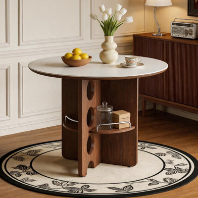 Table de salle à manger ronde de 90 cm (35,4 po) en pierre frittée avec rangement, table blanche pour 2 à 4 personnes, étagère et base en noyer, pieds antidérapants et silencieux, table ronde peu encombrante idéale pour les petits appartements