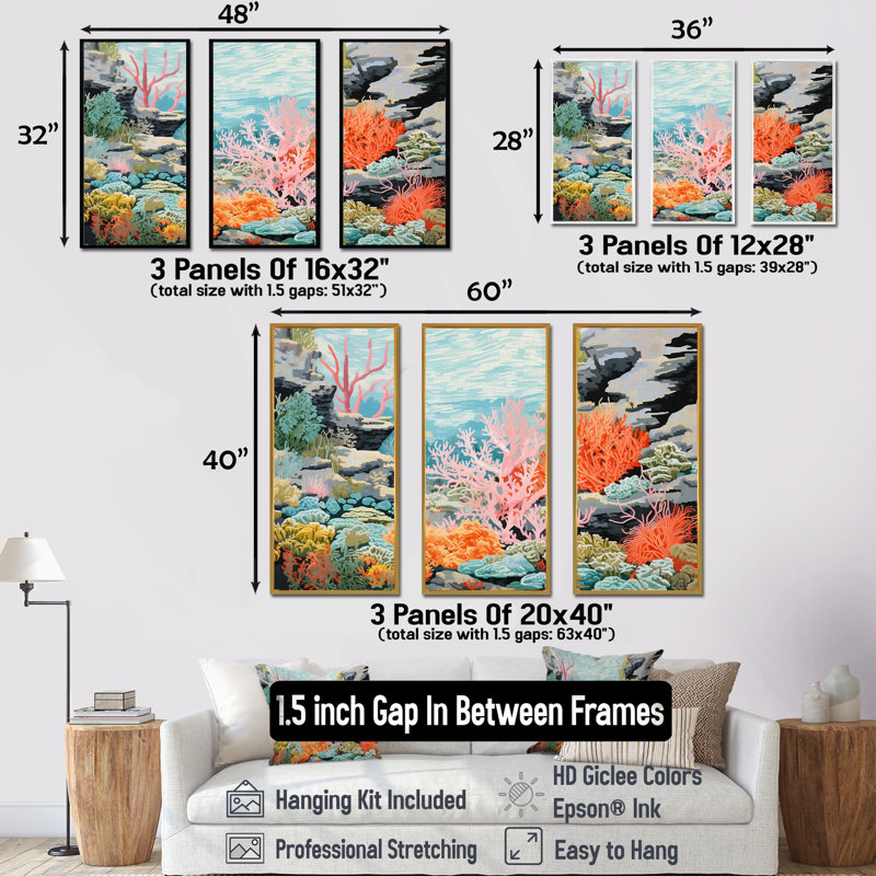 Corail et anémone «IV» - Ensemble de corail sous l'eau, Cadre naturel flottant, H 40 po x l 60 po x P 1 po