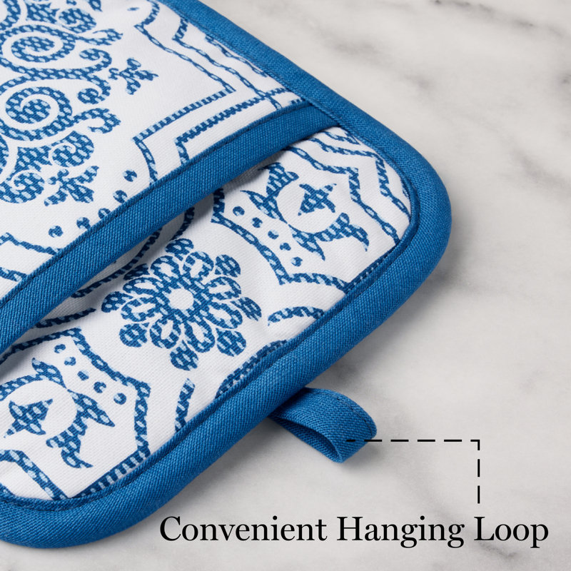 MARTHA STEWART Strie Medallion Pot Holder 2-Pack Set Navy Blue 7"x10"