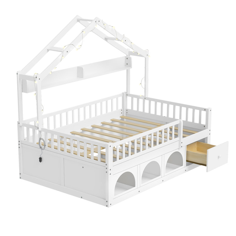 Lit double pour enfant avec toit Montessori, lumières DEL, garde-corps, tiroirs de rangement et casier, blanc, Full / Double
