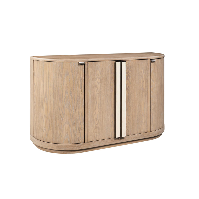 Desserte caramel avec un profil en demi-lune gracieux, un placage de chêne chaud, des poignées en pierre attrayantes, un espace de rangement spacieux, des charnières à fermeture en douceur, de la quincaillerie personnalisée distinctive, du bois massif beige et un produit,
