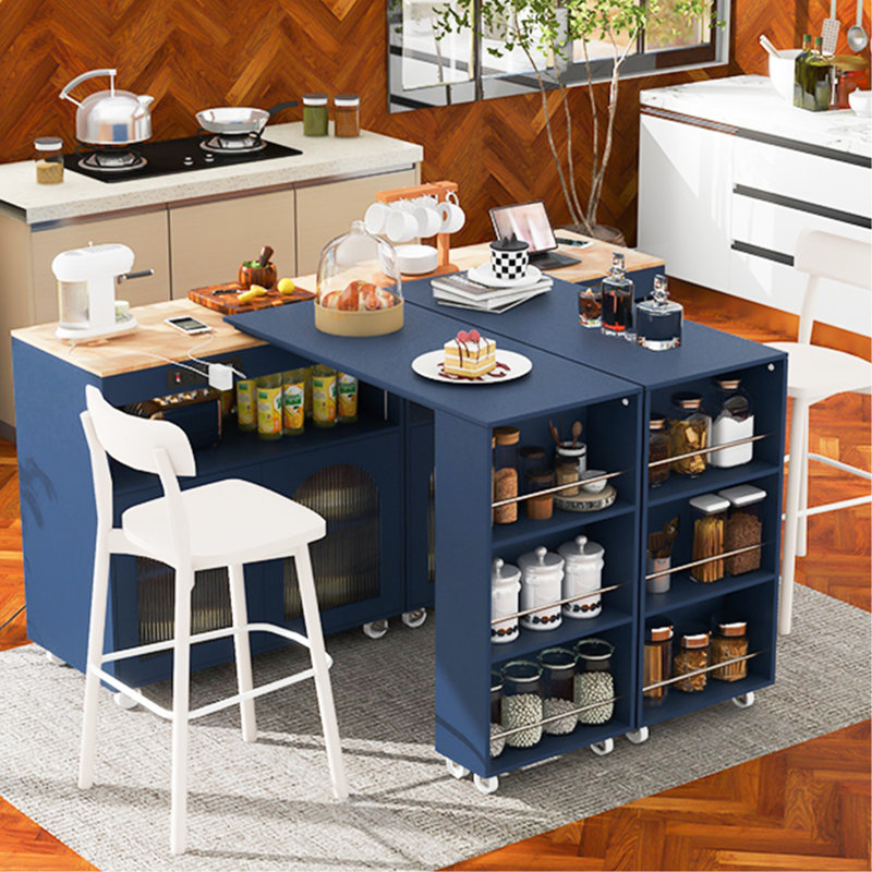 Navy Blue Rolling Kitchen Island with Fluted Glass Doors