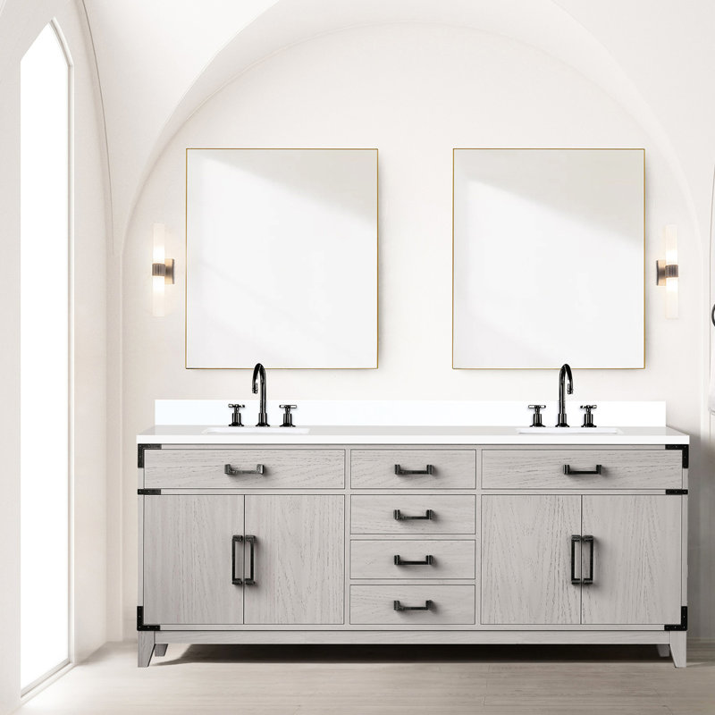 80 po W Meuble-lavabo en chêne blanc, surface en quartz poli, robinet, 36 miroirs, plateau et