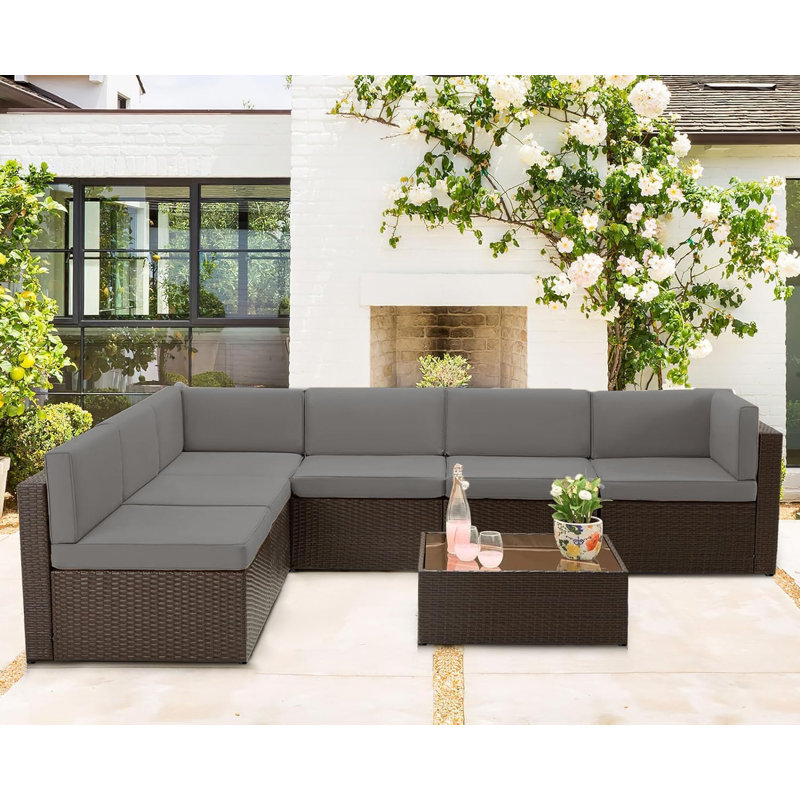 Wicker 6 - Person Garden Lounge Set with Cushions, Dark Gray