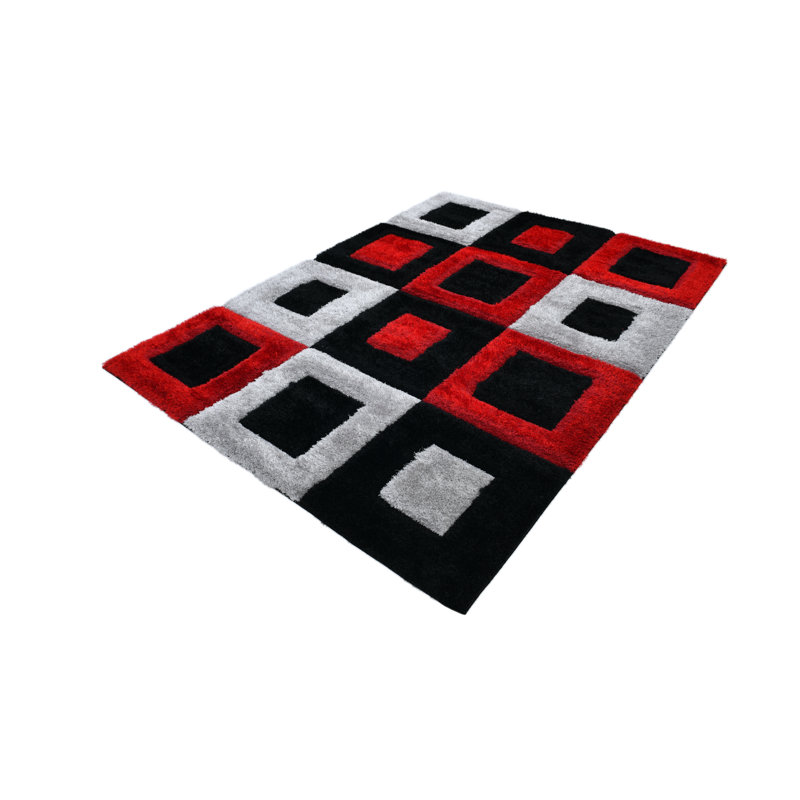 Tapis géométrique moderne RugGuy - Carrés rouges et noirs - pour salon, salle à manger - 160 x 220 cm, ne peluche pas, facile à nettoyer