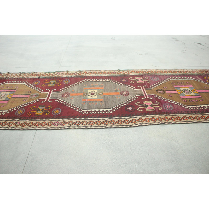 Tapis de style kilim turc antique touffeté à la main avec un motif arc-en-ciel brillant, idéal pour les escaliers et les couloirs de bureau