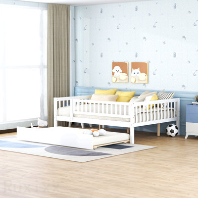 Lit de jour double en bois avec couchette et garde-corps, blanc