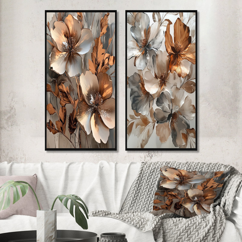 Cuivre métallique et chrome fleurs abstraites I - Collection de 2 toiles abstraites sur toile, H 28 po x l 25 po