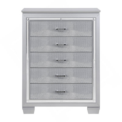 Glamourous Silver Finish 1Pc Chest Of 5X Dovetail Drawers Faux Alligator Embossed Fronts Bedroom Furniture